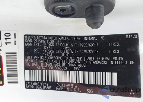 2020 Toyota Sienna Le z USA, uszkodzony, nr VIN 5TDKZ3DC8LS065569